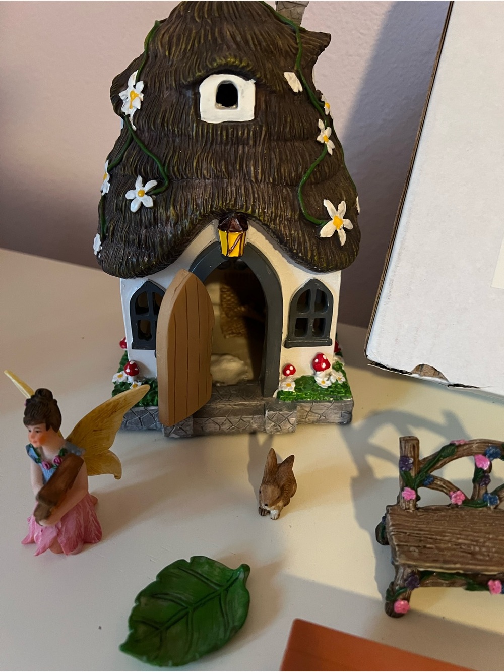 Whimsical Fairy Cottage with Mini Figurines - Brown & White